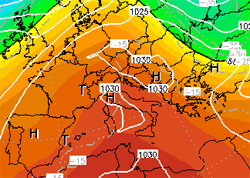 cartina cromatica-isobarica che nostra l'area anticiclonca presente sul bacino del Mediterraneo
