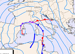 cartina isobarica che mostra i fronti perturbati in arrivo sulla Penisola