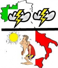 vignetta umoristica che mostra una Italia caratterizzata da due situazioni meteo