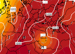 cartina cromatica che mostra la decisa espansione verso nord dell'anticiclone nord-africano
