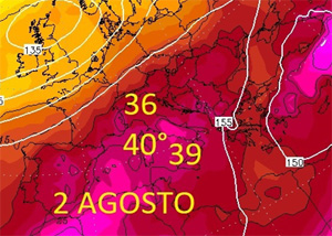 Cartina cromatica isobarica che mostra l'espansione dell'anticiclone sub-tropicale verso l'Europa centrale