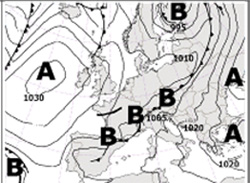 Cartina meteo che mostra i fronti perturbati e le aree di alta e bassa pressione 