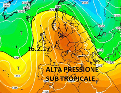 Cartina cromatica-isobarica che mostra il promontorio anticiclonico su-tropicale che raggiunge la Penisola Scandinava