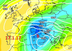 Cartina cromatica che mostra il vortice ciclonico freddo presente sul mar Tirreno e causa delle copiose nevicate sull'Italia cantrale.