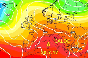 Cartina cromatica isobarica che mostra l'espansione verso nord dell'anticiclone nord-Africano