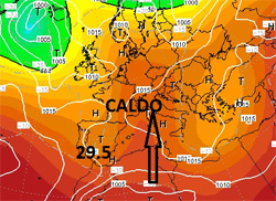 Cartina cromatica che mostra l'espansione verso le Isole Britanniche dell'anticiclone nord-Africano