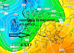 Cartina cromatica-isobarica che mostra la saccatura atlantica in discesa dalle Isole Britanniche