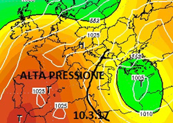 Cartina cromatica-isobarica che mostra la risalita di un cuneo anticiclonico sub-tropicale sul Mediterraneo occidentale