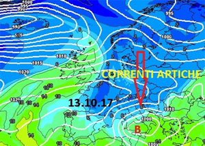 Cartina cromatica che mostra la prima colata autunnale di aria artica nel bacino del Mediterraneo