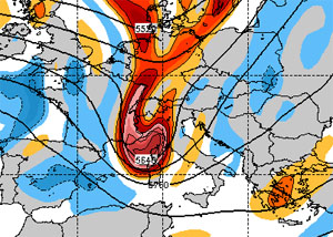 Cartina meteo che mostra la discesa del nucleo freddo che porrà fina alla stagione estiva.