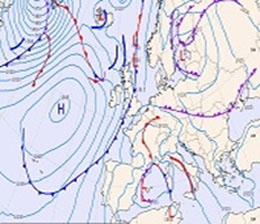 Cartina barica che mostra la perturbazione in arrivo sull'Italia