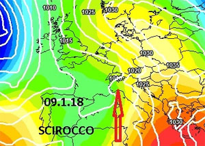 Cartina cromatica che mostra la risalita di correnti sciroccali da sud.