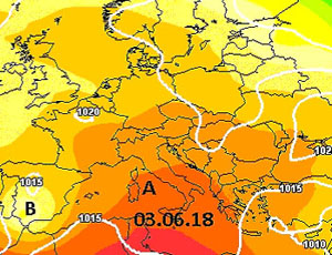 Cartina cromatica che mostra il campo anticiclonico di matrice nord-Africano