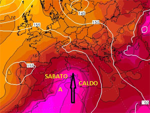 Cartina cromatica che mostra la risalita verso nord dell'anticiclone sub-tropicale