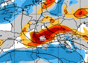 Cartina cromatica della Marina Statunitense che mostra il nucleo di aria fresca in transito dalla Francia verso la Grecia