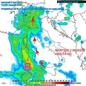 mappa delle precipitazioni prodotte dalle correnti da sud-ovest