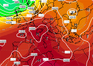 Cartina cromatica / isobarica che mostra l'espansione verso nord dell'anticiclone nord-Africano