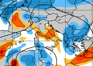 Cartina cromatica che mostra in rosso i  nuclei di aria fredda in transito sull'Italia