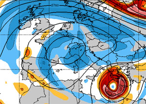 Cartina cromatica che mostra l'area anticiclonica sull'Europa centrale e il vortice ciclonico sulla Penisola Ellenica