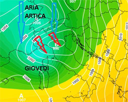 Immagine cromatica che mostra la discesa di latitudine di aria fredda dal nord Atlantico verso il bacino occidentale del Mediteraneo