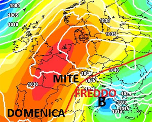 mappa cromatica Europea che mostra l'espansione verso nord dell'anticiclone nord-africano