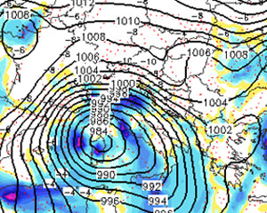 cartina isobarica che nostra il profondo vortice depressionario sul Mar Tirreno