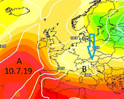 cartina cromatica che mostra l'aria fredda nord atlantica in arrivo sull'Italia