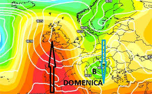 mappa cromatica che mostra l'irruzione di aria fredda verso il bacino del Mediterraneo