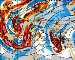 cartina cromatica che mostra l'ingresso del vortice atlantico nel bacino del Mediterraneo