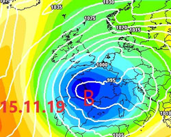 cartina cromatica che mostra il vortice freddo in arrivo sul bacino del Mediterraneo.