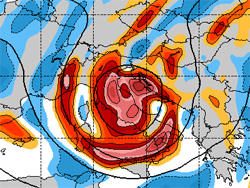 Cartina cromatica che mostra il vortice ciclonico presente sulla Penisola
