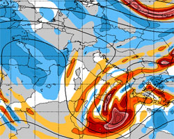 Cartina cromatica che mostra il fronte freddo che transita verso sud-est