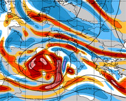 Cartina cromatica che mostra il vortice ciclonico che dalla Penisola Iberica si muove verso est attraversando le regioni meridionali