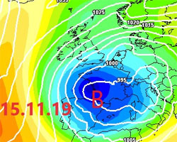 cartina cromatica che mostra l'irruzione di aria fredda dal Nord-est e il vortice depressionario attivo sull'Italia meridionale.