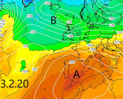 cartina cromatica che mostra l'espansione dell'anticiclone sub-tropicale sul bacino del Mediterraneo