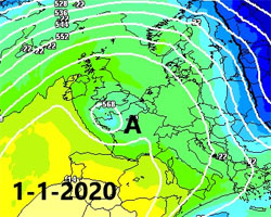 cartina cromatica che mostra l'area anticiclonica estesa sul Mediterraneo ed Europa centrale