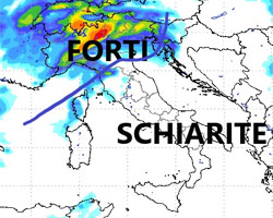 Cartina cromatica che mostra la pappa delle precipitazioni sull'Italia