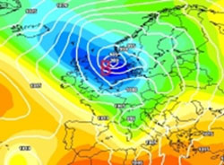 Cartina cromatica che mostra il vortice freddo Atlantivo in discesa verso l'Europa centrale