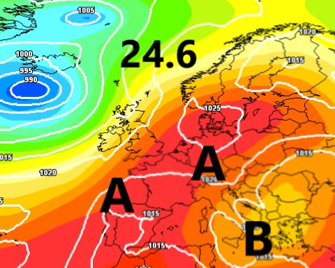 Cartina cromatica che mostra le aree di bassa e alta pressione sul Mediterraneo