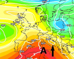 mappa cromatica che mostra l'espansione verso il bacino del Mediterraneo dell'anticiclone nord-Africano