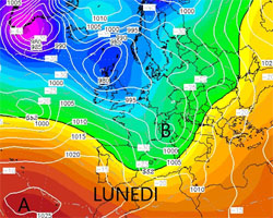 mappa cromatica che mostra la discesa di aria fredda dal nord Atlantico