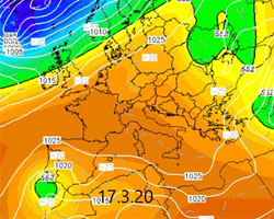 mappa cromatica che mostra la risalita verso l'Europa centrale dell'anticiclone sub-tropicale