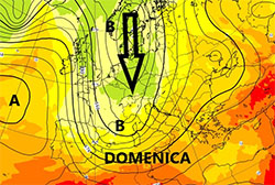 Immagine cromatica che mostra la discesa verso l'Europa della saccatura atlantica