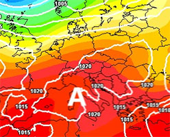 Cartina cromatica che mostra l'espansione verso l'Europa dell'anticiclone nord Africano