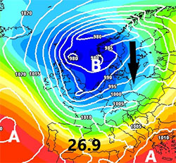 Cartina cromatica che mostra il vortice freddo Atlantico che dall'Islanda raggiunge l'Europa centrale e la nostra Penisola