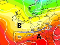 Cartina cromatica che mostra il vortice ciclonico presente sulla Francia