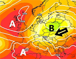 Cartina cromatica che mostra il vortice ciclonico sulla Penisola Balcanica