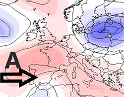 Cartina cromatica che mostra l'espansione verso l'Europa del cuneo anticiclonico 