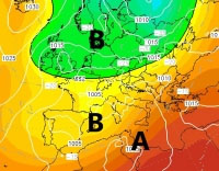 Cartina cromatica che mostra la depressione Atlantica responsabile delle precipitazioni di fine mese