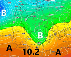 cartina isobarica cromata che mostra la depressione Atlantica in arrivo sull'Europa